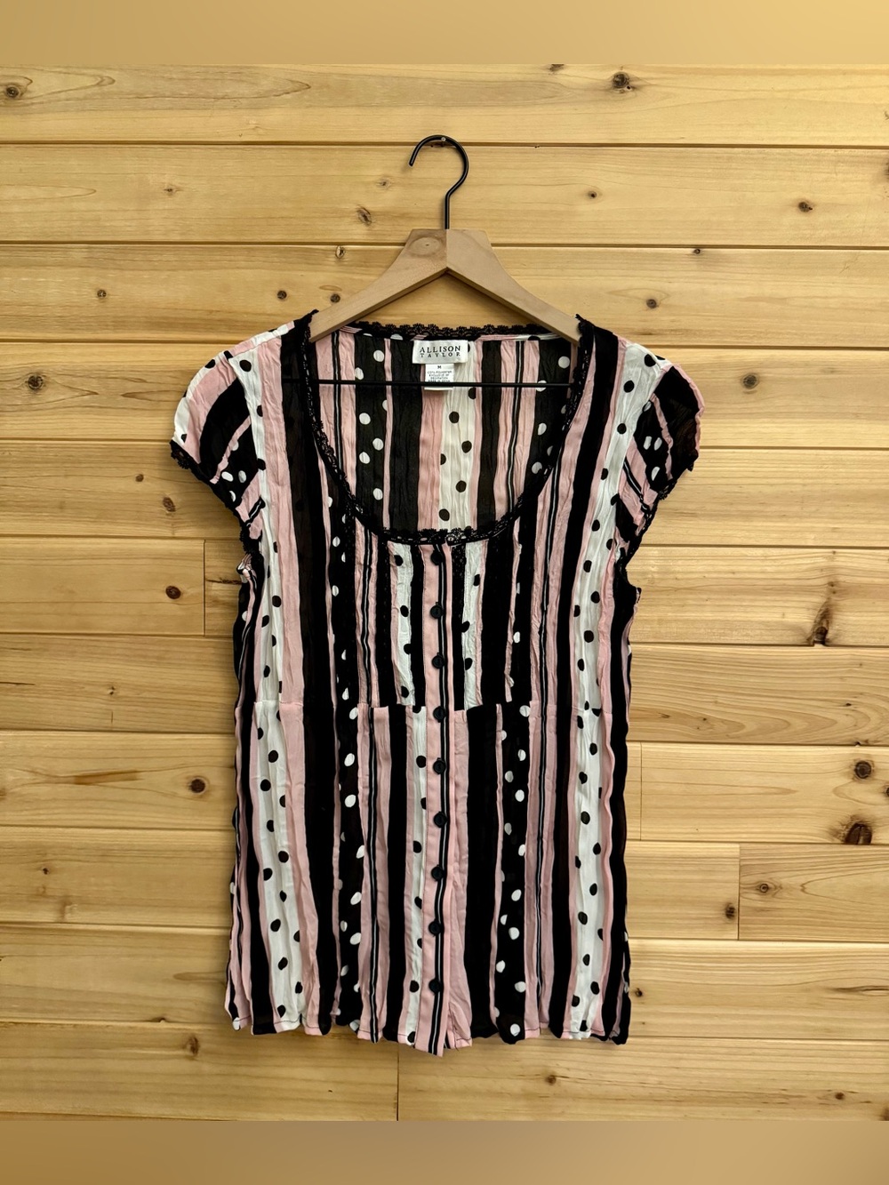 Y2K Allison Taylor Medium Polka Dot Striped Crinkle Blouse Whimsigoth Lace